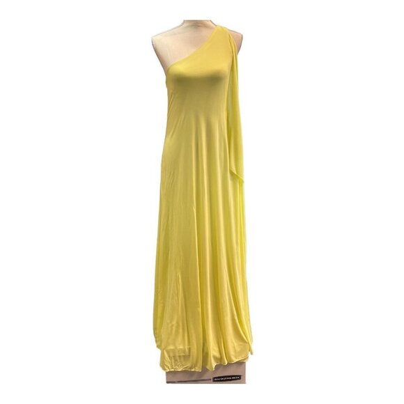 Halston Evening Womens 6 Vivian One Shoulder Sheer Jersey Drape Gown Yellow - Picture 1 of 10